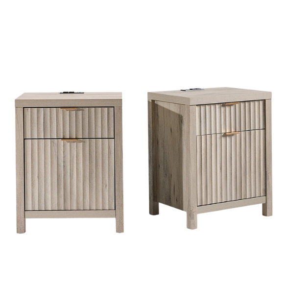 2-Drawer Nightstand with Built-In Outlets – Fluted Panels, Wood Grain Finish, Modern Design, Charging Station with 2 AC Outlets, USB & USB-C Ports, 4.9-Foot Power Cord, Set of 2