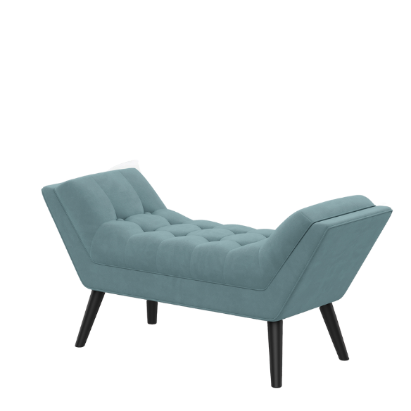 Blue tufted fabric bench with solid wood frame, modern design, and button-tufted upholstery for added comfort and style. Ideal for living room, bedroom, or entryway seating.