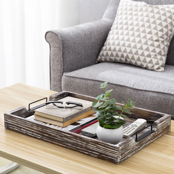 Solid Wood Ottoman Serving Tray – Distressed Antique Finish for Multi-Use Functionality & Rustic Charm