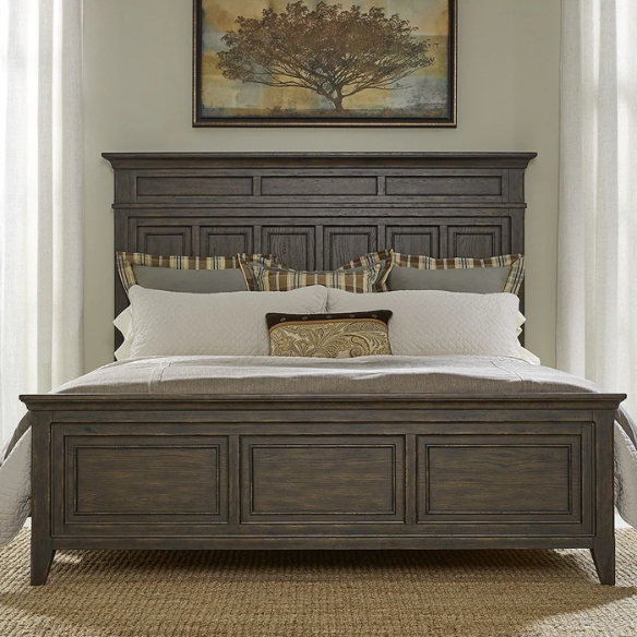 Rustic Elegance 3-Piece King Panel Bed, Dresser & Mirror Set in Saddle Brown – Crafted with Rubberwood and Split Heart White Oak Veneers, Soft-Close Drawers, Cedar Lining, Antique Pewter Hardware, and Crown Molding Details