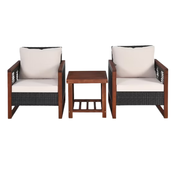 3-Piece Patio Wicker Furniture Set | Rattan Outdoor Sofa with Washable Cushions and Acacia Wood Coffee Table | Perfect for Garden and Backyard