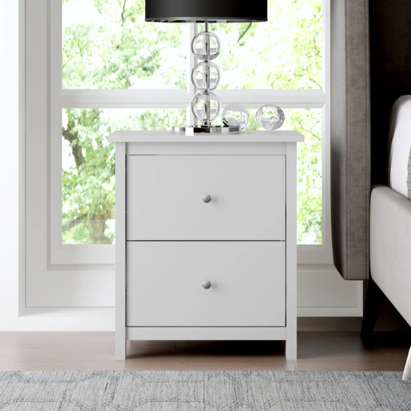 2-Drawer Nightstand – Neutral Engineered Wood, Streamlined Rectangular Design, Four Block Legs, Convenient Storage with Roller-Glide Drawers & Metal Knobs, Perfect for Traditional & Contemporary Bedroom