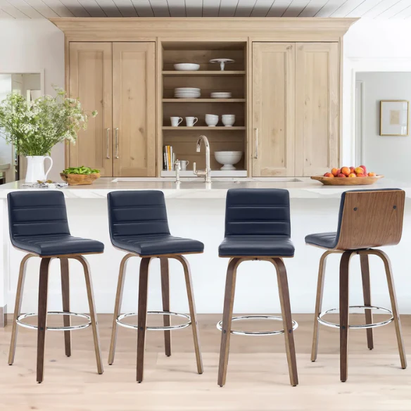 Mid-Century Modern Faux Leather Swivel Counter/Bar Stools – 360° Swivel, Padded PU Leather Seat & Back, Durable Bentwood Legs, Metal Footrest, Supports Up to 440lbs for Home Bar or Kitchen