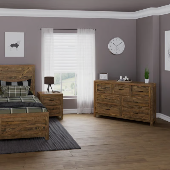 Rugged and Weathered 5-Piece King Bedroom Set – Solid Pine Wood Frame with Dark Brown Finish, Ball-Bearing Glide Drawers, Weathered Steel Hardware, and Ample Storage