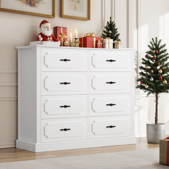 Classic Modern 8-Drawer Double Dresser with Picture Frame Paneling, Decorative Black Metal Handles, and French Country Style