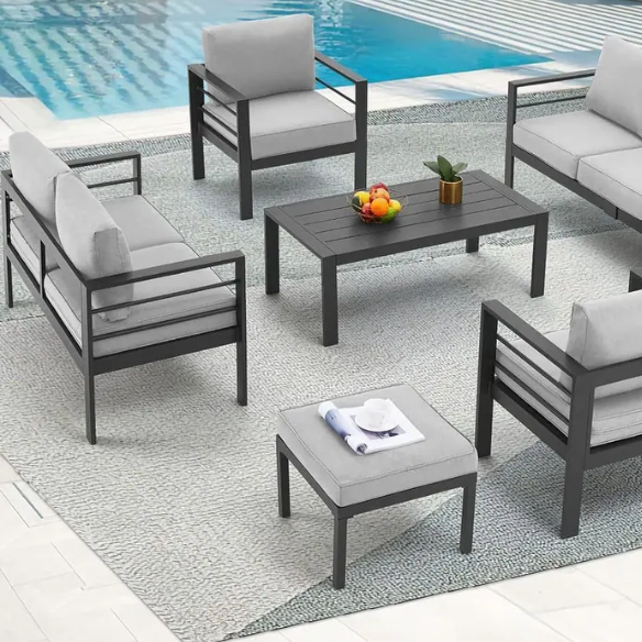 Modern Outdoor Patio Furniture Set | 7-Piece Conversation Set with Coffee Table and Cushions | Ideal for Balcony, Porch, and Lawn
