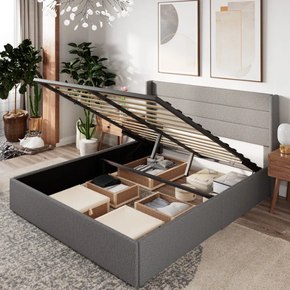 Luxurious Linen Upholstered Hydraulic Lift-Up Storage Platform Bed – Full/Double Size with Sleek Design & Maximized Space