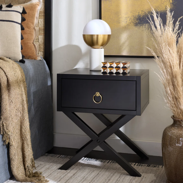 1-Drawer Nightstand – Classic Campaign Style with Contemporary Chic, Acacia Wood Frame, Cross-Base Design, Bold Finish, Gold Drawer Pull, Perfect for Modern Bedrooms