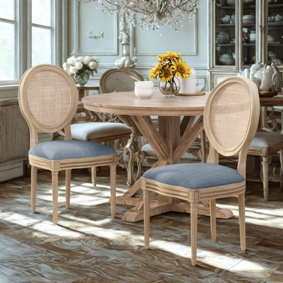 Light Denim Blue Upholstered Dining Chairs with Wicker Back and Natural Wood Frame (Set of 2) – French Country Farmhouse Accent Seating