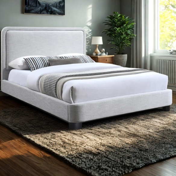 Luxurious Linen Textured Fabric King Size Upholstered Panel Bed with Solid Wood Base