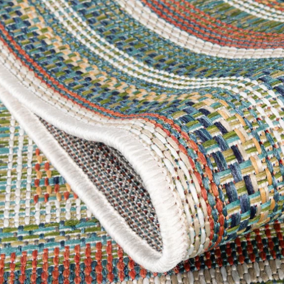 Coastal-Inspired Geometric Rug – Fade & Stain-Resistant, Green & Orange Pattern, Ideal for Indoor/Outdoor Use