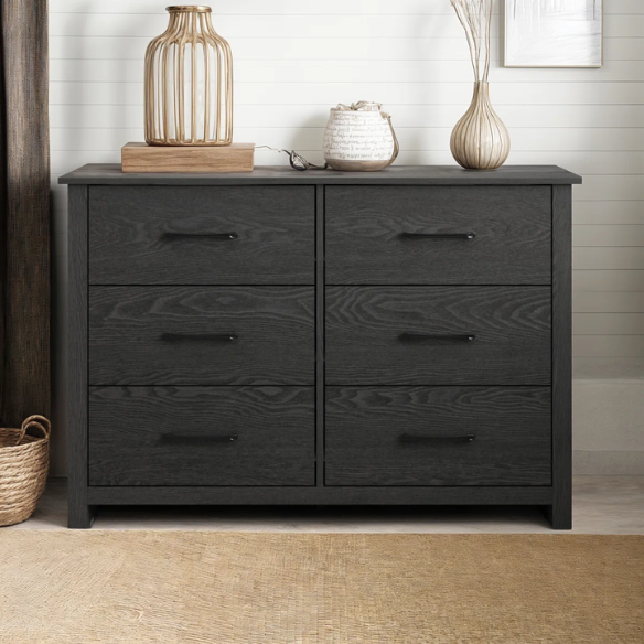 Modern 6-Drawer Double Dresser with Flared Feet and Sleek Black Metal Handles