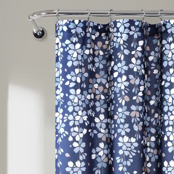 Navy Blue, Grey, and White Weeping Flower Shower Curtain – Elegant Floral Bathroom Décor, 72" x 72"