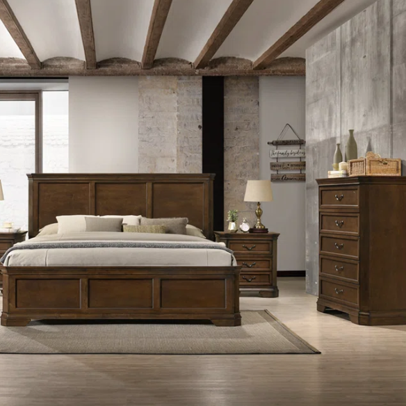Transitional 6-Piece Bedroom Set with Panel Bed, Dresser, Mirror, Chest, and Nightstands – Featuring Trio Panel Headboard and Footboard, Dust-Proof Drawers, Dual-Tone Finish, and Dark Nickel Hardware for a Stylish and Functional Bedroom