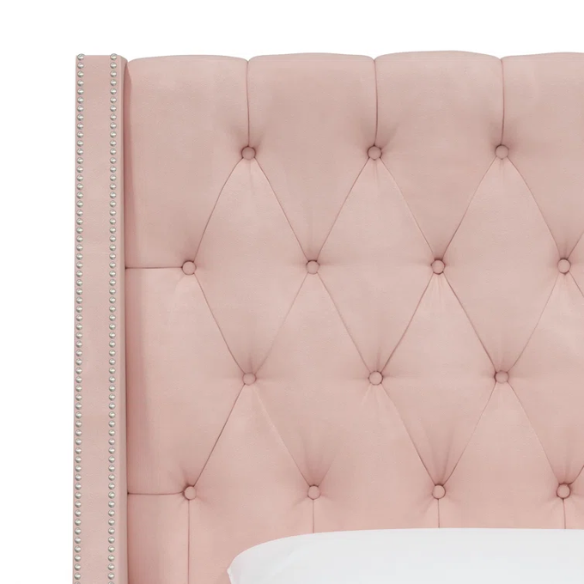 Chic Upholstered Wingback King Size Bed with Button Tufting and Nailhead Trim