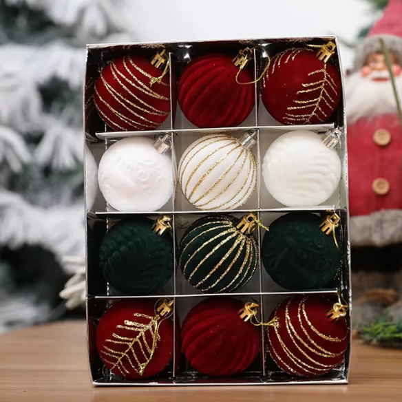 Red, Green & White Velvet-Flocked Christmas Ornaments – Luxurious Shatterproof Holiday Set (12 Pieces)