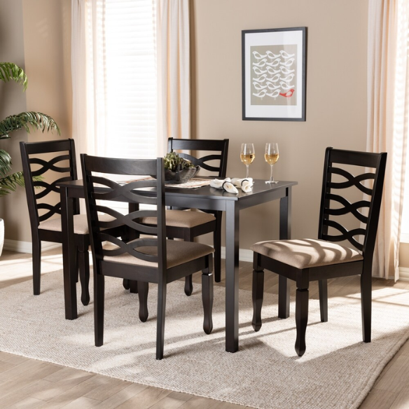 Contemporary 5-Piece Fabric & Wood Dining Set – Dark Walnut Table with Beige & Gray Upholstered Chairs