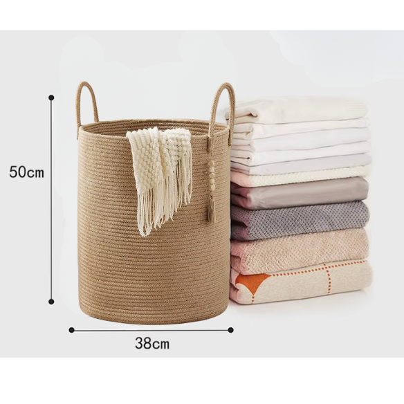 Large Tall Woven Storage Basket – Decorative Laundry Hamper with Handles, Foldable Cotton Rope Design for Clothes, Kids' Toys, and Living Room