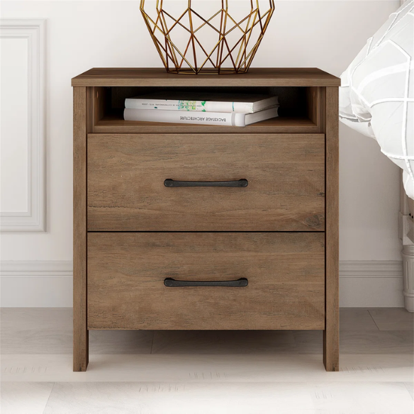 22.7" 2-Drawer Nightstand – Space-Saving Modern Minimalism, Engineered Wood with Clean-Lined Silhouette, Neutral Finish, Open Cubby & 2 Spacious Drawers for Bedroom Storage, Ideal for Tech & Accessories