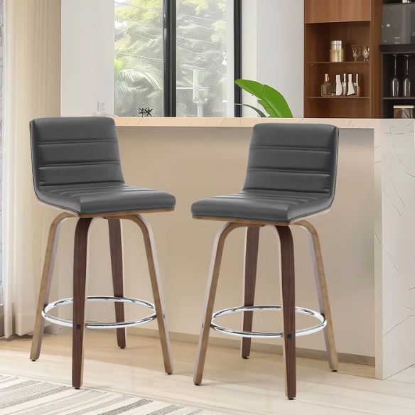 Mid-Century Modern Faux Leather Swivel Counter/Bar Stools – 360° Swivel, Padded PU Leather Seat & Back, Durable Bentwood Legs, Metal Footrest, Supports Up to 440lbs for Home Bar or Kitchen
