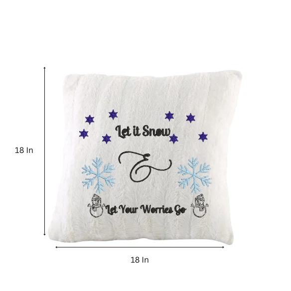 Let It Snow & Let Your Worries Go – Embroidered White Faux Fur Christmas Pillow