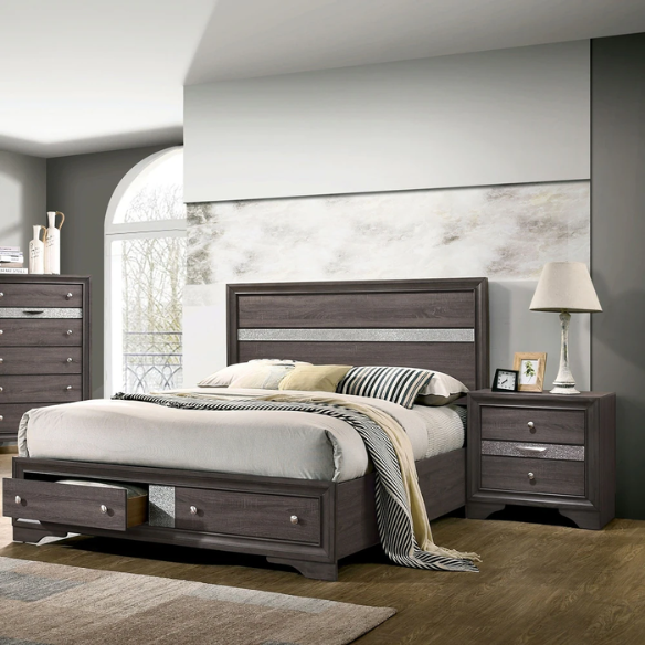 Modern Style 2-Piece Grey Storage Platform Bedroom Set with Panel Bed, Nightstand, and Sleek Silver Accents