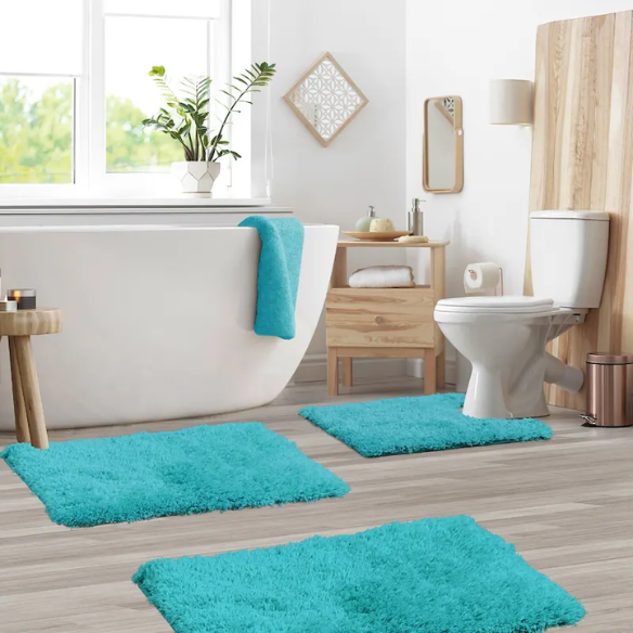Teal Shaggy Bath Rug Set – Ultra-Soft Microfiber Non-Slip Bathroom Mat with Rubber Backing (2 or 3-Piece Set)