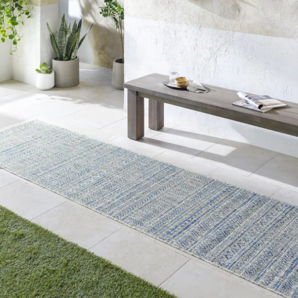 Striped Geometric Area Rug – Blue & Taupe, Durable Polypropylene, Low-Pile Design for High-Traffic Indoor/Outdoor Spaces