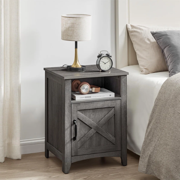 Farmhouse Nightstand with Cabinet & Open Compartment – Rustic Bedside Table, Distressed Finish, Barn Door Style, Matte Black Metal Handles, Flared Legs, Versatile Storage for Bedroom or Living Room