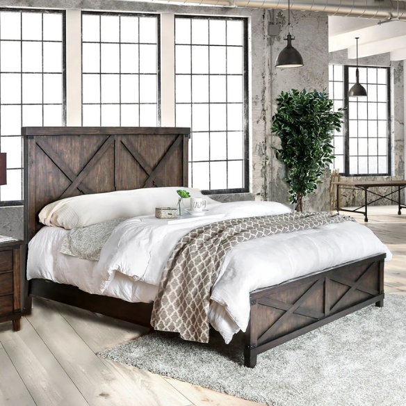 Rustic Dark Walnut 2-Piece King Size Panel Bed and Nightstand Set with X-Shape Accents and Metal Corners