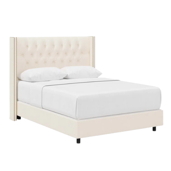 Timeless Upholstered Wingback King Size Bed with Button Tufting and Nailhead Trim