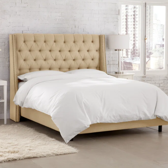 Chic Upholstered Wingback King Size Bed with Button Tufting and Nailhead Trim