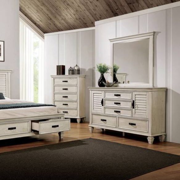 Rustic 2-Piece Wood Panel Bedroom Set with Louvered Headboard & Nightstand – Wire-Brushed Finish and Millwork Trim for a Warm, Homely Touch