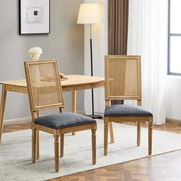French Country Wood and Cane Upholstered Dining Chairs – Weathered Rubberwood Frame with Fluted Legs & Rectangular Cane Backrest