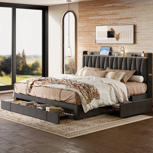 Modern Upholstered King Size Bed Frame with 3 Storage Drawers, Soft Foam Headboard, and Built-in Charging Station