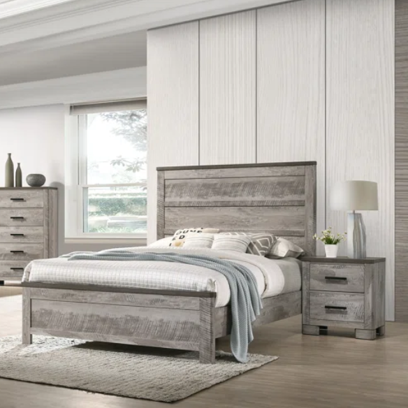 Coastal Farmhouse-Inspired King Size Bedroom Set: Distressed Whitewash Finish with Natural Brown Accents – Includes Platform Bed, 2-Drawer Nightstand, 7-Drawer Dresser with Mirror, and Optional 5-Drawer Chest for Complete Storage Solution