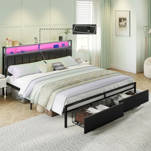 Modern LED King Size Bed Frame with Storage Drawers and Built-in Charging Station