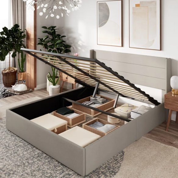 Luxurious Linen Upholstered Hydraulic Lift-Up Storage Platform Bed – Full/Double Size with Sleek Design & Maximized Space