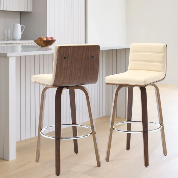 Mid-Century Modern Faux Leather Swivel Counter/Bar Stools – 360° Swivel, Padded PU Leather Seat & Back, Durable Bentwood Legs, Metal Footrest, Supports Up to 440lbs for Home Bar or Kitchen