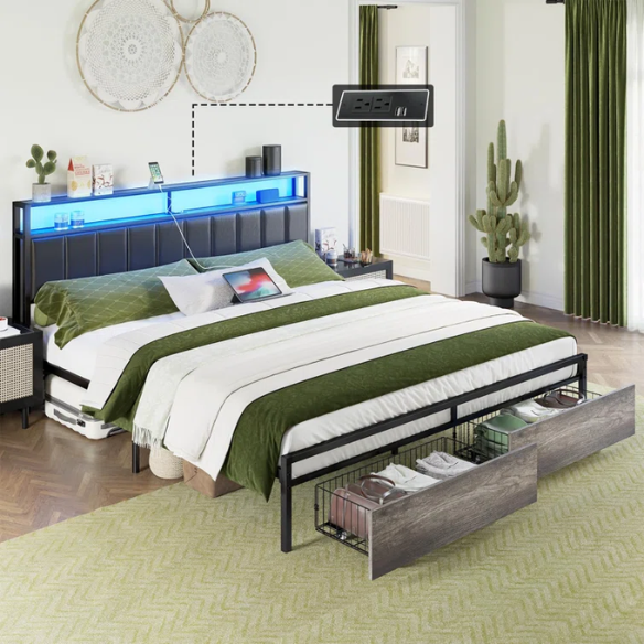 Modern LED King Size Bed Frame with Storage Drawers and Built-in Charging Station
