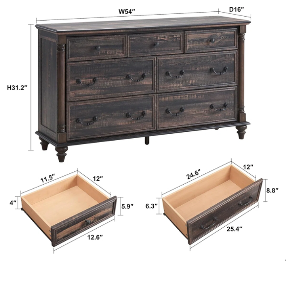 Farmhouse 7-Drawer Rustic Dresser with Two Drawer Sizes, Perfect for Bedroom or Living Room Storage
