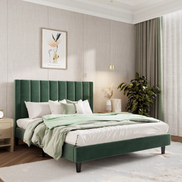 Luxurious Upholstered Platform Bed – Full/Double Size with Velvet Upholstery and Striped Headboard for Elegant Comfort