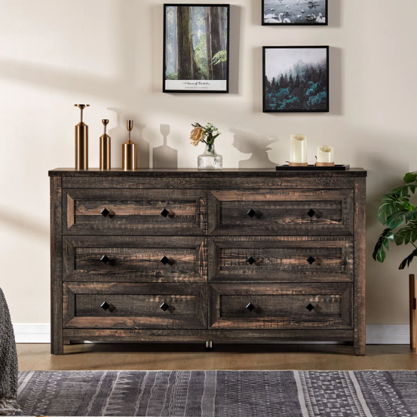 6-Drawer Dresser – A Perfect Blend of Rustic Charm and Industrial Elegance, Featuring a Clean-Lined Silhouette and Weathered Finish. Crafted from Solid and Engineered Wood