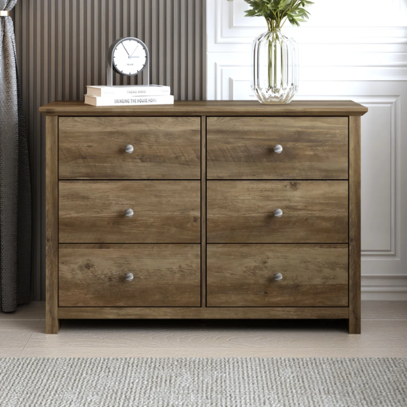Modern 6-Drawer Double Dresser with Angled Sled Legs and Round Metal Hardware