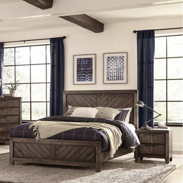 3-Piece Cherry Modern Panel Bedroom Set – Rustic Elegance with V-Matched Planks, Acacia Veneers, and Antiqued Hardware