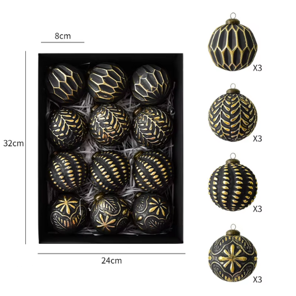 Gold & Black Embossed Christmas Ornaments – Luxurious Holiday Bauble Set (12 Pieces)