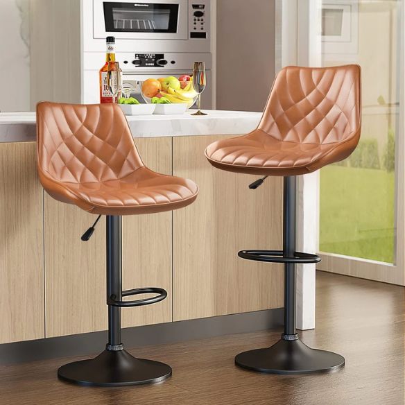 Set of 2 Adjustable Height Swivel Bar Stools with Back – Mid-Century Modern Design, Polished Chrome Base, Ergonomic Imitation Leather Seat, 360° Rotation for Kitchen Island or Bar