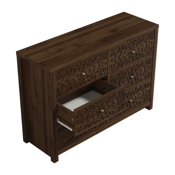 Boho-Inspired 45.4" 6-Drawer Dresser with Distressed Finish and Openwork Floral Details