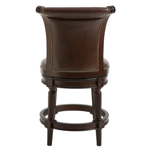 Swivel Bar-Height Stool with High Seat Back – Elegant Curved Back, 180° Automatic Return Swivel, Nail Head Trim, Metal Footrests, and Cushioned Foam Seat for Ultimate Comfort