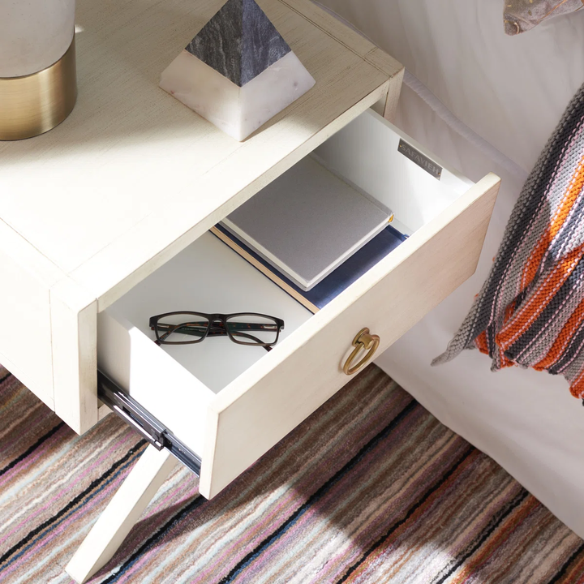 1-Drawer Nightstand – Classic Campaign Style with Contemporary Chic, Acacia Wood Frame, Cross-Base Design, Bold Finish, Gold Drawer Pull, Perfect for Modern Bedrooms